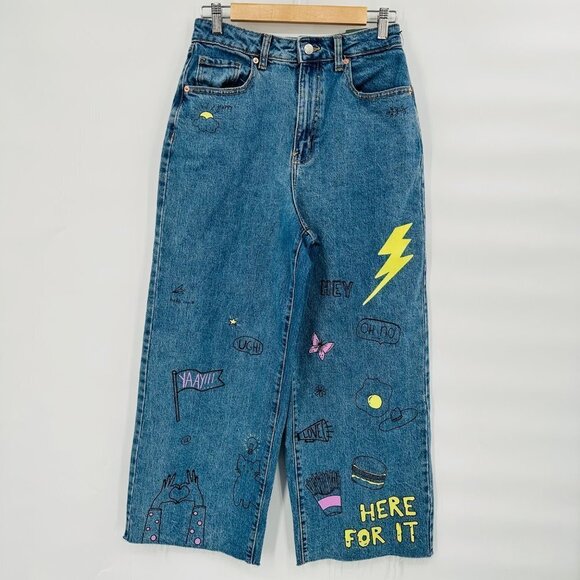 Wild Fable Wide Leg Jeans Size 27 Medium Wash Graffiti Doodles Women's - Picture 2 of 8